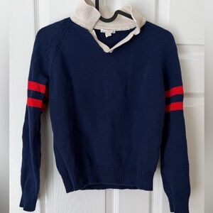 Crewcuts Navy V-Neck Rugby Style Cotton Knit Sweater with Red Stripes